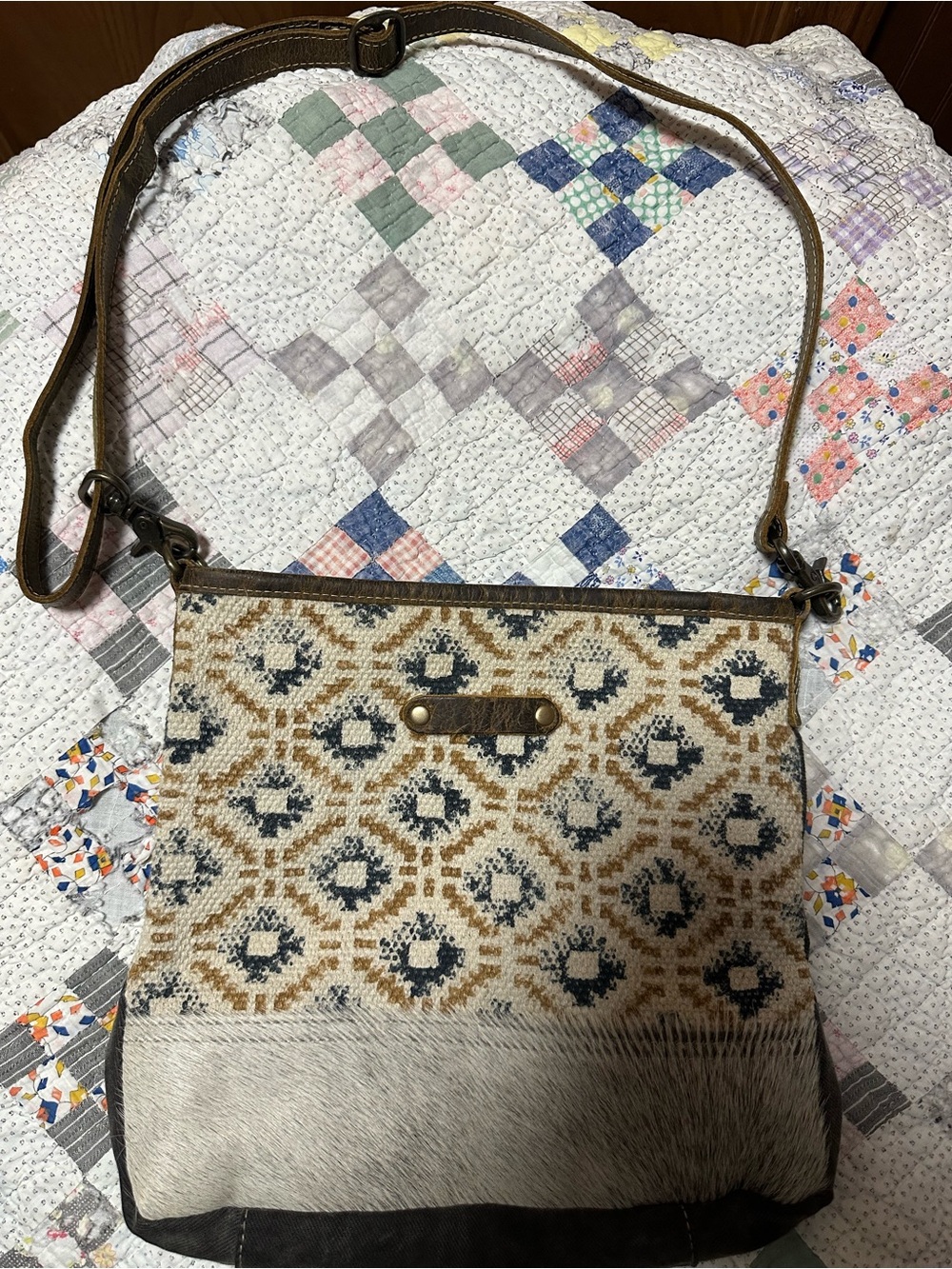 Myra Bag Beige, Brown and Black Patterned Crossbody with Haircalf Trim